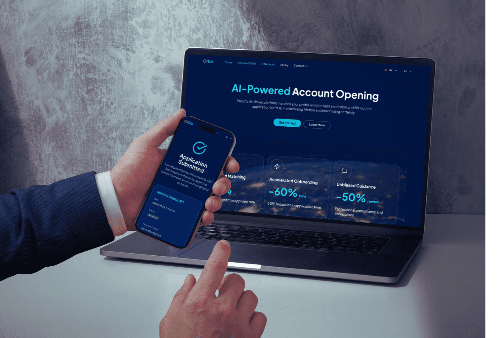 Desktop and mobile application interface mockup showing intelligent application features